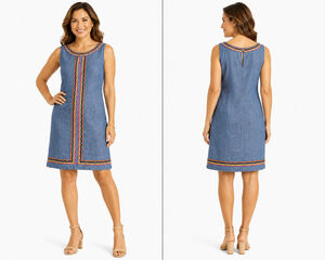 Talbots Linen Cotton Coastal Embroidered Sleeveless Knee Length Summer Dress 12